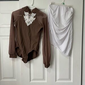 Brown Lace Detail Bodysuit and White Ruched Skirt Set